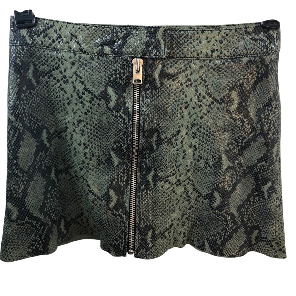 Allsaints Lena Oba Leather Skirt Sz O Snake Green A Line Mini Zip Front FLAWED - Picture 5 of 9